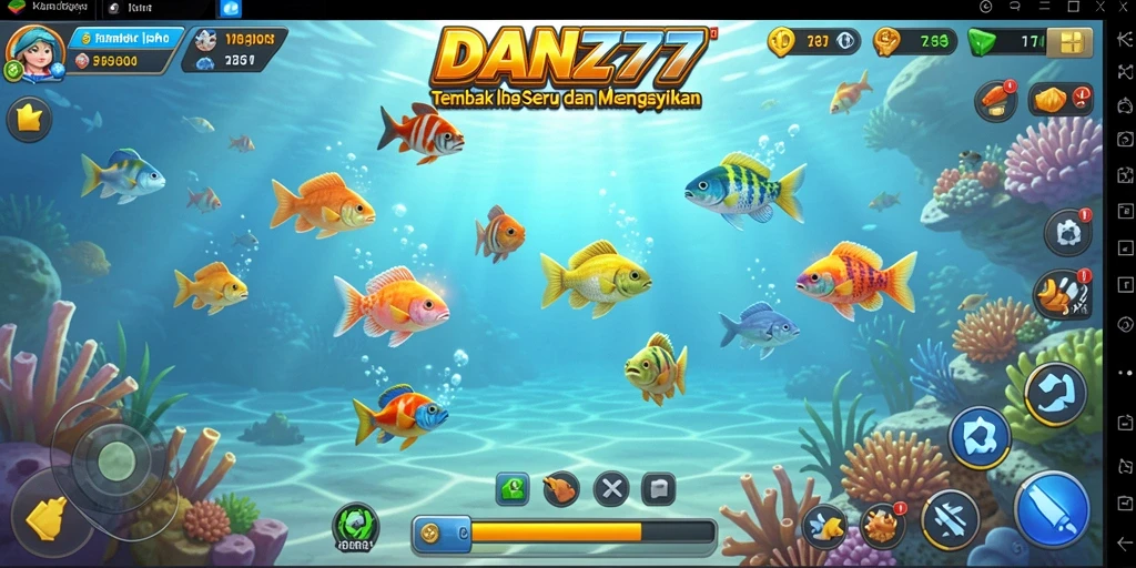 Tampilan gameplay seru dalam DAN777, menembak ikan berwarna-warni.