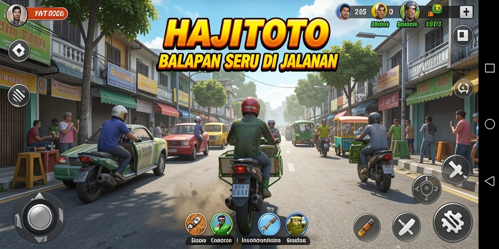 Tampilan gameplay HAJITOTO yang menegangkan dengan mobil balap di trek kota.