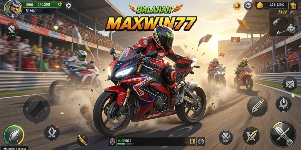Tangkapan layar gameplay MAXWIN77, menunjukkan aksi balap motor mendebarkan.