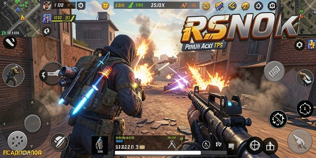Screenshot utama RSNOK menampilkan aksi tembak-menembak yang dinamis dan intens.